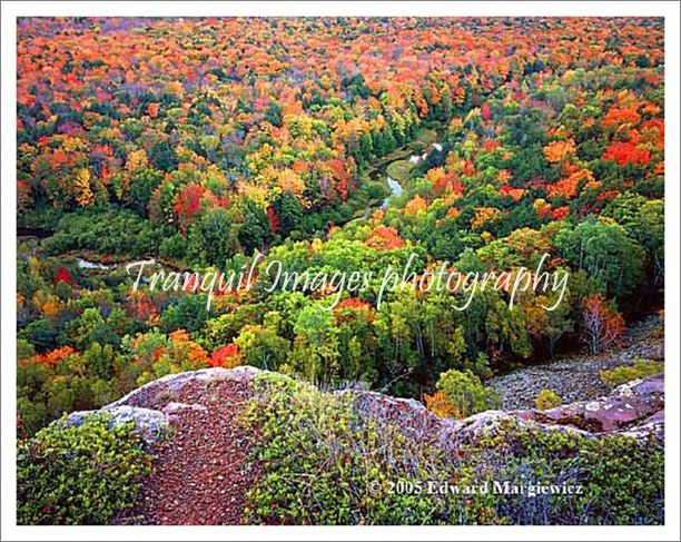450195---Big Carp River and fall color from the escarpment, Porcupine Mountains Wilderness state park.